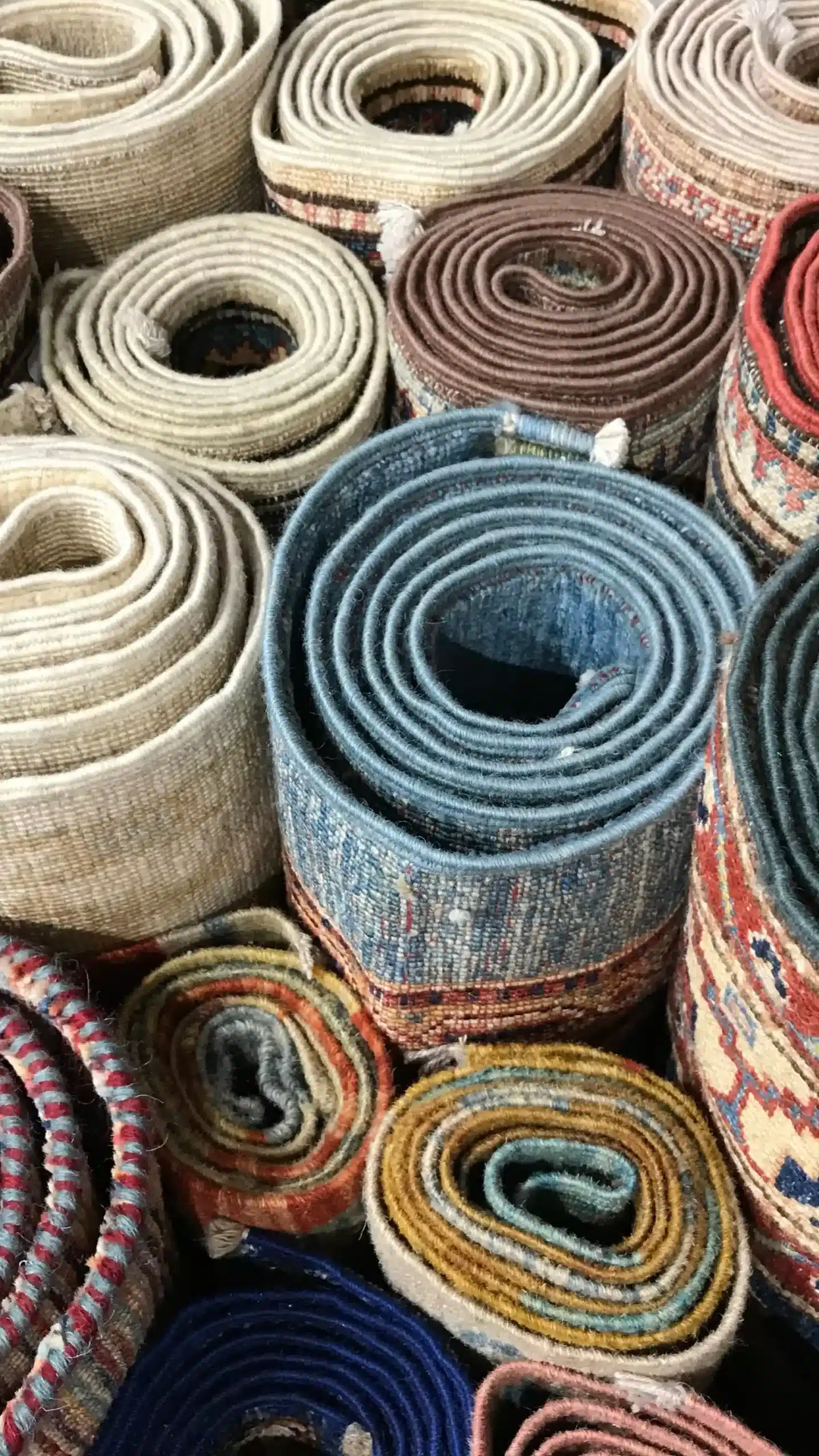 Tapis roulés aux motifs et couleurs variés, témoins de l'expertise tapis d'une galerie spécialisée