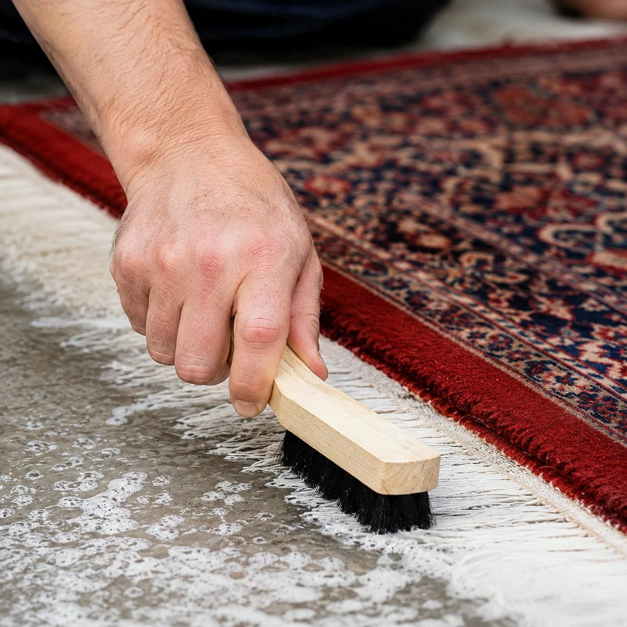 nettoyage tapis fait main avec brosse artisanale franges à biarritz