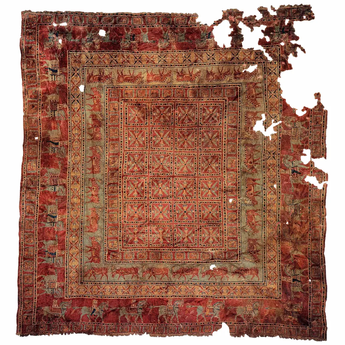 Tapis de Pazyryk, plus vieux tapis du monde, laine rouge à motifs géométriques et animaliers, Ve siècle av. J.-C.