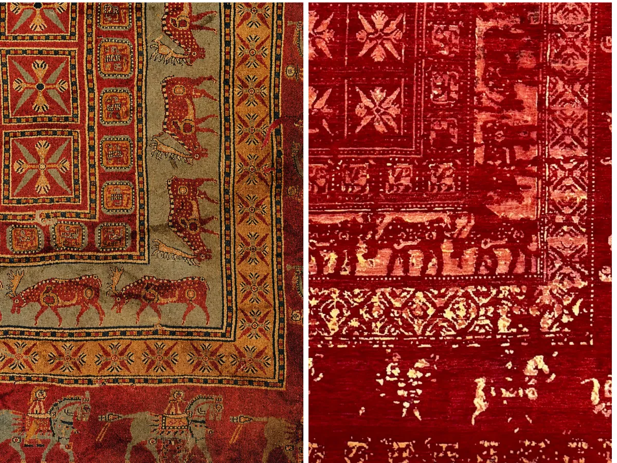 Détail tapis de Pazyryk – Frise animaux et motifs anciens Détail de la bordure du tapis de Pazyryk, plus vieux tapis du monde, frise d'animaux et motifs géométriques