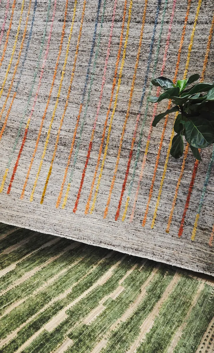 Tapis ethnique multicolore – décoration intérieure artisanale Tapis ethnique à rayures multicolores posé sur tapis vert, avec plante verte en décoration